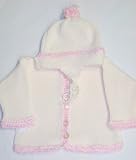 Ck601, Knitted on Hand Knitting Machine Ivory Cotton Trimmed By Hand Crochet with Pink Chenille Cardigan Hat for Infant Girl