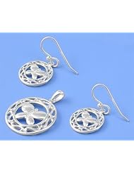 Sterling Silver Round Design Butterfly Pendant and Earrings Jewelry Set