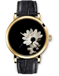 SPRAWL Aanalog Fashion Series Gold Ladies Watches of Genuine Black Leather Strap,Unique Wrist Watch for Women Girls Designed with white flower