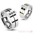 316L Stainless Steel 2 Tone Ring with Grooved IP Center and 3 CZs - Size 5-8 in Gold Stripe, Size 9-13 in Black Stripe