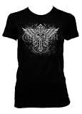 4125S4M80aL. SL160  Winged Skull Cross Womens T shirt, Womens Old School Tattoo Shirts, Large, Black