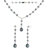 10K White Gold and Black Pearl Set of 17 in. Necklace and Dangling Earrings