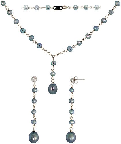 10K White Gold & Black Pearl Set of 17 in. Necklace & Dangling Earrings 10K White Gold & Black Pearl Set of 17 in. Necklace & Dangling Earrings