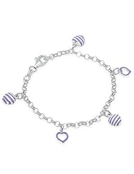 Unicornj Sterling Silver Childrens Bracelet with Purple Striped Heart Charms