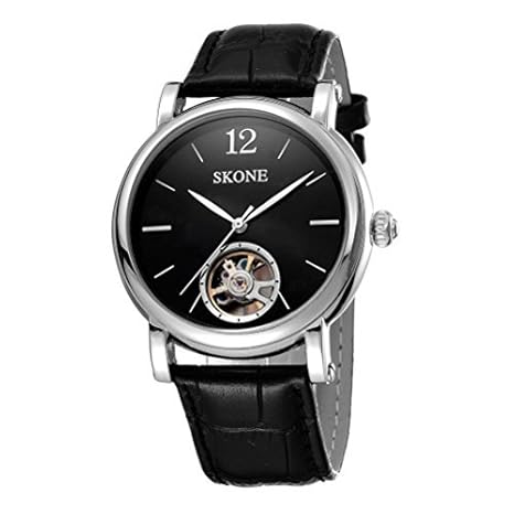 Zlyc Men's Simple Design Round Dial Genuine Leather Strap Skeleton Automatic Mechanical Watch