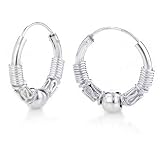 Sterling Silver Wrap Around Bead Bali Style Hoop Earrings
