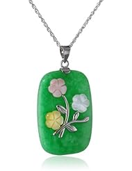 Sterling Silver Green Jade Flower Rectangular Pendant Necklace, 18"