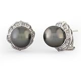 1.58 Carat Diamond 11mm Black Tahitian Pearl Earrings