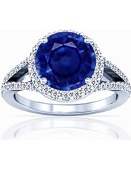 14K White Gold Round Cut Blue Sapphire Ring With Sidestones (GIA Certificate)