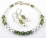 August OLIVINE Gold Filled Birthstone Swarovski Crystal Beaded Pearl Braceletss and Earrings Sets