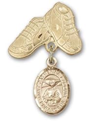 14K Gold Baby Badge with St. Catherine Laboure Charm and Baby Boots Pin