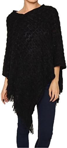 Womens Crochet Knit Fringed Poncho Soft and Cozy One Size Black