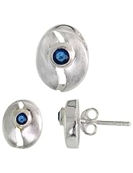 Sterling Silver Matte-finish Cracked Egg Style Earrings (10mm tall) & Pendant Slide (11mm tall) Set, w/ Brilliant Cut Blue Sapphire-colored CZ Stones