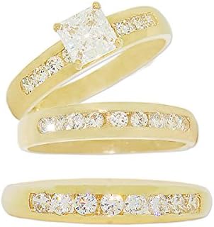 Yellow Gold Plated, Trio 3 Piece Wedding Ring Set with Princess Cut Center Lab Created Gems
