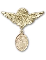 Gold Filled Baby Badge with St. Maria Faustina Charm and Angel with Wings Badge Pin