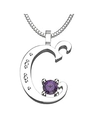 Sterling Silver Letter C - February Amethyst Birthstone 18 Inch Necklace