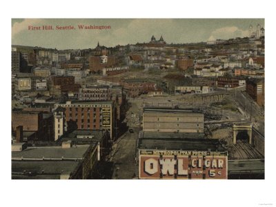 Seattle, WA - First Hill View of Businesses and Homes Giclee Poster Print, 9x12
