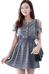 Short Sleeves Plaid Print Round Neck Vintage Mini Dress 