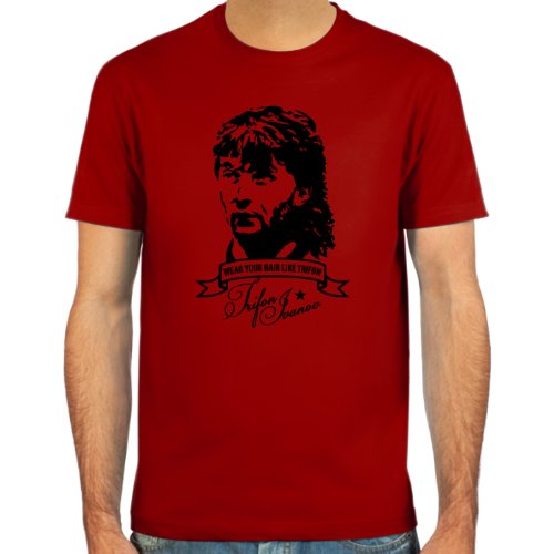 T-Shirt Trifon “Vokuhila” Ivanov ::: Farbauswahl: skyblue, sand, weiß oder deepred ::: Größen: S-XL ::: Fußball-Kult