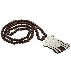 Brown Colored Wood Necklace with Metal Plated Jesus Pendant - 33'' Necklace - 2 x 3.25'' Pendant