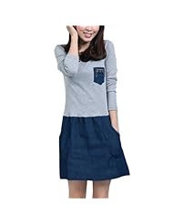 Long Sleeves Scoop Neck Two-Toned Cotton/Denim/Metallic/Polyester Mini Dress 