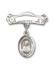 Sterling Silver Baby Badge with St. Timothy Charm and Arched Polished Badge Pin