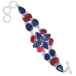 925 Sterling Silver Ruby Blue Sapphire Corundum Natural Gemstone Vintage Style Costume Matching Handmade Link Bracelet 8