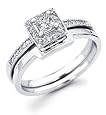 14k White Gold Solitaire Princess Cut Diamond Bridal Engagement Ring Set w/ Matching Wedding Band (1/3 cttw, 1/5 ct Center, G-H Color, SI1 Clarity)