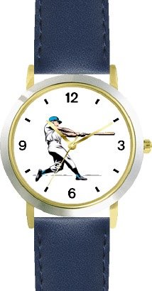 Baseball Batter or Hitter No.2 Baseball Theme - WATCHBUDDY® DELUXE TWO-TONE THEME WATCH - Arabic Numbers - Blue Leather Strap-Size-Large ( Men