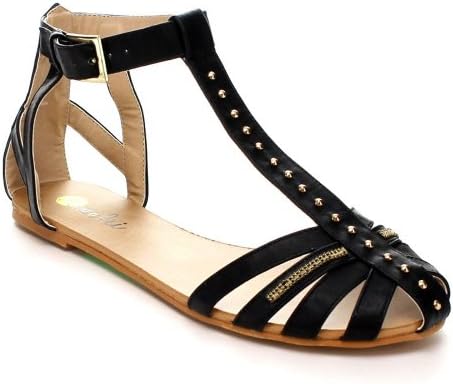 Machi REAGON-4 Women Ankle T Strap Flat Shoe Roman Gladiator Sandal, Color:BLACK, Size:7.5