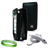 Apple iPhone 4 leather Case Accessories Kit: Black Melrose Leather Flip Case + iPhone 4 Car Charger + Live * Laugh * Love VG Silicone Wrist Band!!!