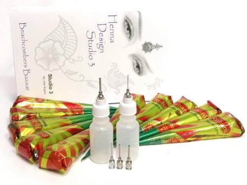 Beachcombers! Henna Tattoo 10 Pre Mixed Paste Cone Party Pack w/Fine Metal Tip Applicator Bottles