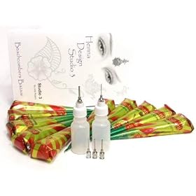 Beachcombers! Henna Tattoo 10 Pre Mixed Paste Cone Party Pack w/Oil & Fine Metal Tip Applicator Bottles