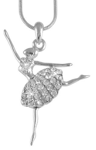 Clear Crystal Embellished Jumping Ballerina Ballet Charm Silver Tone Necklace for Girls, Teens, Women
