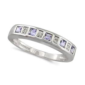 9ct White Gold Ladies Tanzanite and Diamond Half Eternity Ring Set with 1pt of Diamond - Size O