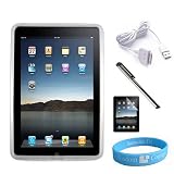 Silicone Skin Clear* Case for Apple iPad + Silver Stylus + Usb Cable + Screen Protector + Wristband