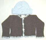 Ck136, Knitted on Hand Knitting Machine Dark Brown Chenille Trimmed By Hand Crochet with Blue and Dark Brown Tweed Chenille Infant Boys Cardigan Hat Set