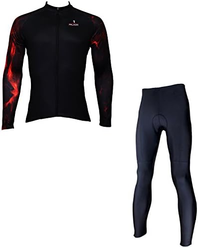 PaladinSport Men's Outdoor Sportswear Set,Dark Red Flame Magma Long Sleeve Cycling Riding Jersey,Comfortable Breathable Polyester Sports Shirts Tops+3D Padded Bicycle Pants,XXL