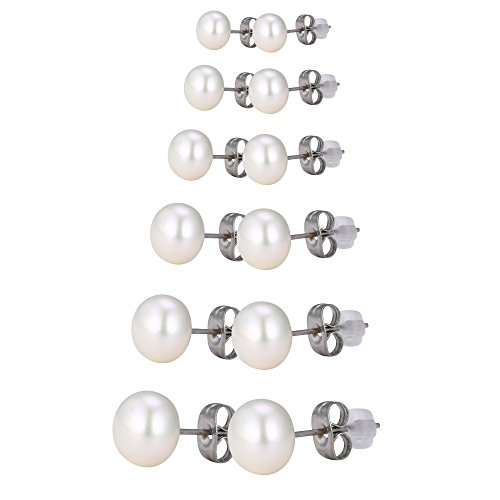 Kesaplan Womens Pure Natural Pearl Stud Earrings Round Ball Jewelry Set of 6 Pairs (3mm-8mmï¼‰