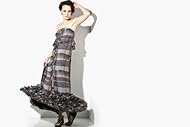 Strapless Silk Plaid Print  Maxi Dress  With Ruffles