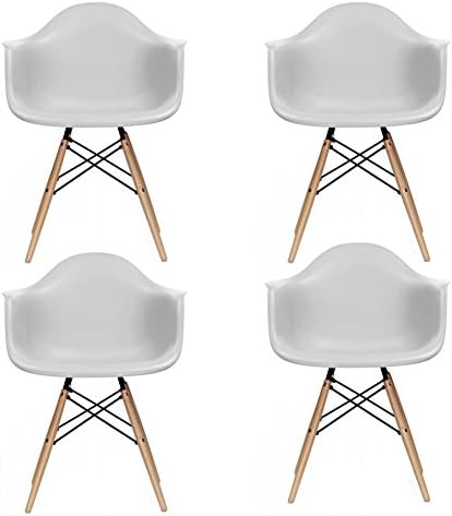 Natural Wood Legs Eiffel Dining Room Chairs White 4pcs (With Armrest)