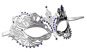 Luxury Mask Women's Laser Cut Metal Venetian Pretty Masquerade Mask, Silver/Blue Stones, One Size