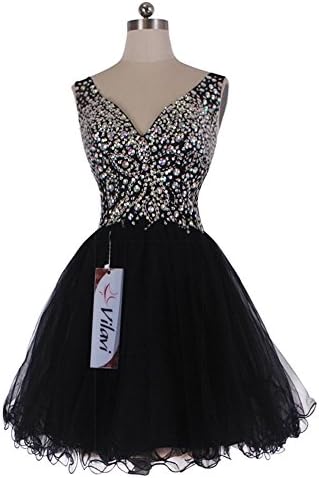 VILAVI A-line V-neck Straps Short Tulle Crystal Prom Dresses 10