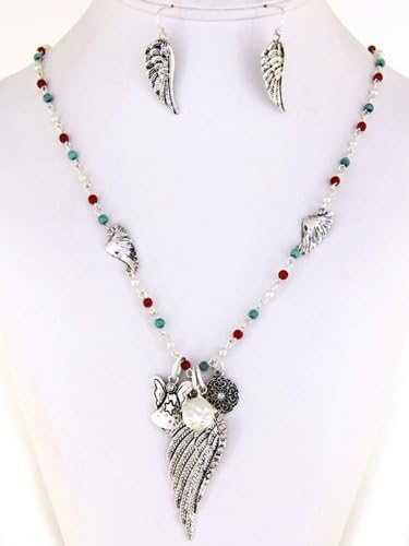 Silver, Turquoise and Coral Bead Guardian Angel, Angel Wings Long Necklace Set. 1 1/4 Inch L Earrings. Lobster Claw Closure. Fish Hook. 22 Inch Necklace Length. 2 1/2 Inch Drop Design.