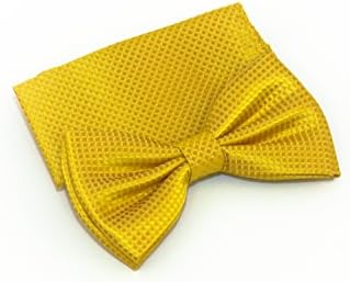 2 1/2" W Solid Colored Micro Textured Bow Tie Matching Pocket Square Woven 100% Silk Hand Made [Antonia Collection] (Gold)