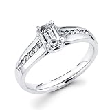 14K White Gold Emerald Cut Diamond Solitaire Engagement Ring with Side Stone (0.52 ctw., G-H, SI)