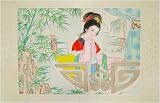 Chinese Lady Sitting by Window, Vintage Oriental Watercolor Painted on Silk