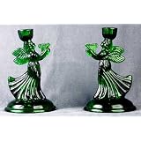 Green Glass Heavenly falls with Harps Candleholder Pair
