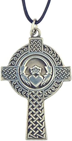 Claddagh Celtic Cross 1 5/8 Inch Silver Tone Pendant on Cord Chain