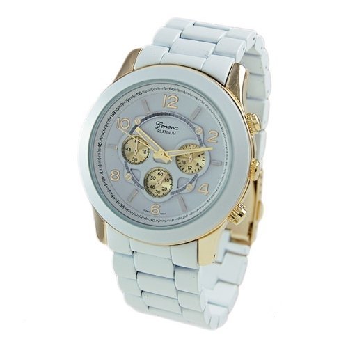 Geneva Platinum 9158 Women's Decorative Chronograph-style Matte Finish Link Watch -WHT/GLD